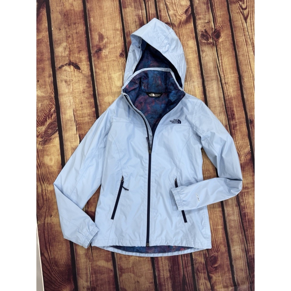 The North Face Women's Light Blue Hooded Full Zip Rain Coat Jacket Pockets